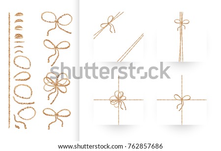 Set of ribbons, bows and ornaments made of natural linen rope and twines. Realistic illustration in vector. Collection of individual elements to create your own composition. EPS10