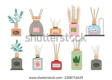 Set of diffuser bottles with air freshener. Vector