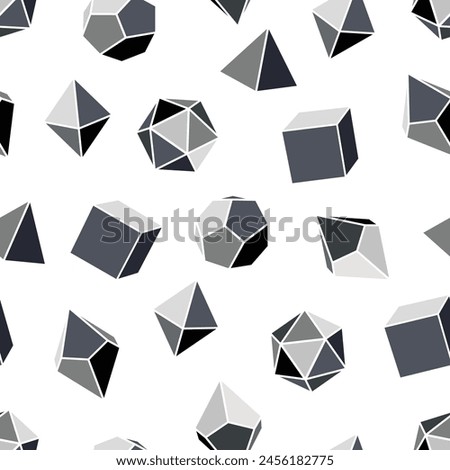 Seamless pattern of grayscale dice for DND role playing games with four, six, eight, twelve and twenty sides. Dice for the game Dungeons and Dragons in grayscale on white background.