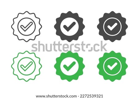 Set of approval check vector icon. Certificate icon. Premium quality. Achievement icon. Profile verification. Quality mark. Quality print. Seal of approval. Mission accomplished. Project completed. 
