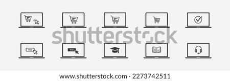 online store, shopping, education vector isolated icon. vector illustration of computer with basket, book, checkmark and click icon for graphic, website and mobile design