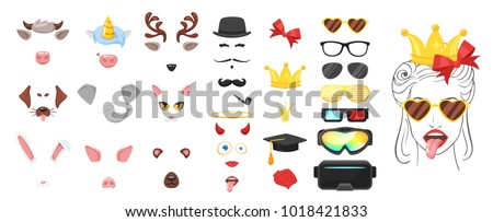 Vector cartoon style cute animal faces elements or carnival masks, glasses, ribbon and crowns. Decoration items for your selfie photo and video chat filter. Ears, noses and horns. 