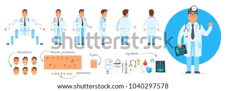 Vector cartoon style man doctor character generator. Different emotions, mouth positions and hand gestures. Medical icons. Isolated on white background.