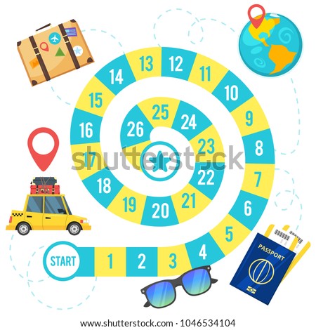 Vector cartoon style illustration of kids travel and tourism board game template. For print. Square composition with spiral game path. 商業照片 © 