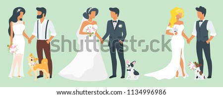 Vector flat style set of three couples in love. Marriage ceremony day with pet dog. Man in suit and woman in wedding dress standing and holding hands. Classical, fashion and hipster style of clothes.