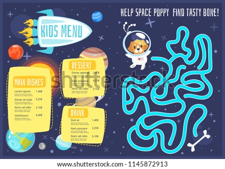 Vector cartoon style design for kids menu with cute character animal - space dog and planets of solar system. Children menu meal template. Cosmos background with stars. Children board game - labyrinth