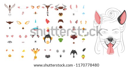 Vector cartoon style cute animal face element or carnival mask big set. Decoration item for your selfie photo and video chat filter. Ears, noses and horns. Isolated on white background. 