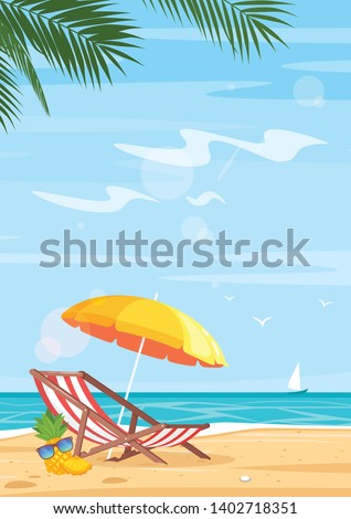 Tropical beach and sea flat vector illustration. Summer holiday vacation, weekend. recreation. Exotic paradise, resort. Deck chair under sun umbrella drawing. Travel agency web banner background