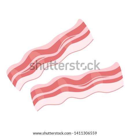 Raw bacon slices flat vector illustration. Tasty breakfast meal ingredient isolated clipart. Fresh pork, unhealthy eating. Delicious dinner dish cooking. Butchery, natural meat store assortment
