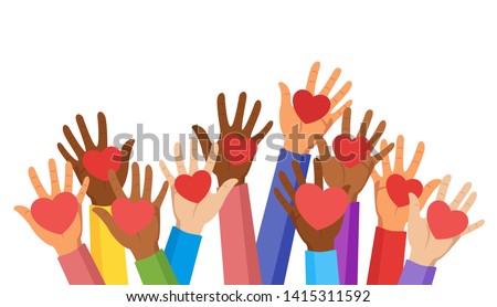 Voluntary and donation flat vector illustration. Volunteers, social workers holding hearts in palms. Children raising hands. Multiethnic society unity, togetherness. Charity, fostering, social help 
