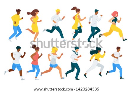 People running flat vector characters set. Leadership race, pursuit metaphor. Healthy lifestyle, men and women jogging isolated cliparts pack. Trader, marketers, office workers team chasing