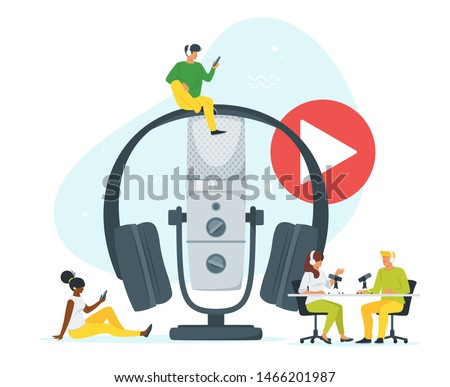 Young people in headset listening to music flat vector illustration. Youth in radio studio recording podcast cartoon characters. Sound recording equipment, microphone, headset isolated design element