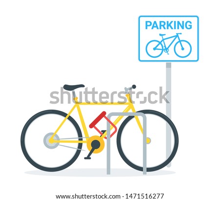 Bicycle parking flat vector illustration. Eco friendly vehicle at public stand with road sign. Locked personal transport protection, bike with u lock. Safety measures, hijacking, theft protection