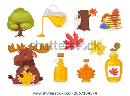 Vector set with maple syrup, tree,  and pancakes. Cute cartoon elk character holding maple leaf shape glass jar. Isolated on white background.