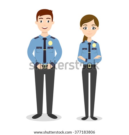 Vector characters: two young happy police officers, man and woman.