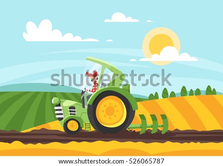 Vector cartoon style illustration of farmer working in farmed land on tractor. 