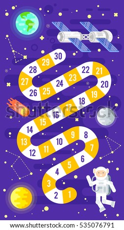 Vector flat style illustration of kids science and space board game. Template for print.  商業照片 © 