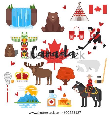 Vector flat style set of Canadian national cultural symbols. Icon for web. Isolated on white background.