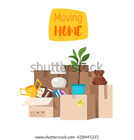 Vector cartoon style illustration of paper boxes with various things from house. Concept for home moving. Isolated on white background. 