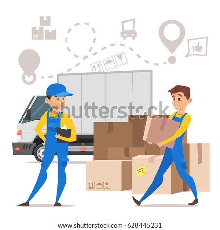 Vector cartoon style illustration of loaders movers man carrying cardboard boxes. Paper boxes and a truck. Concept for home moving. Isolated on white background. 