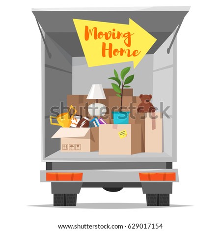 Vector cartoon style illustration of truck with open bodywork and home stuff inside. Cardboard boxes in van. Concept for home moving. Isolated on white background. 