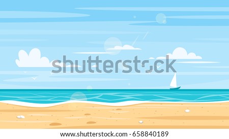 Vector cartoon style background of sea shore. Good sunny day.