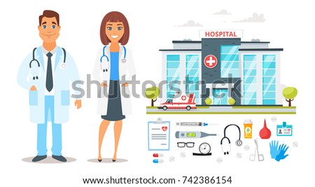 Vector cartoon style illustration of hospital building with ambulance car. Doctor man and woman characters. Medical theme icons set. Isolated on white background.