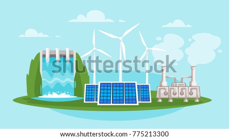 Vector cartoon style illustration of Renewable and sustainable energy source - wind mills and solar panels. Environmental and ecology concept. Horizontal composition of background.