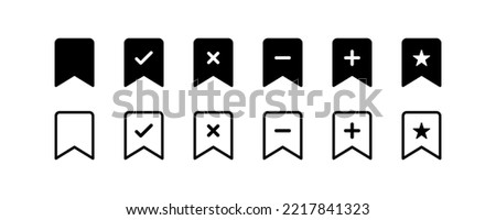 Bookmark icon. Checkmark, cancel, plus, minus, star symbols. Black color. Vector isolated sign.