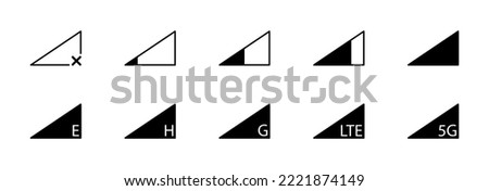 Signal reception icon. Mobile phone connection level icons. No signal, e, h, g, lte and 5g network status. Vector isolated sign.