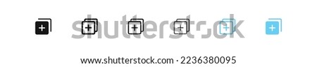 Layer add icon. Stack plus sign. Panel level symbol. Material sheets icons. Vector isolated sign.