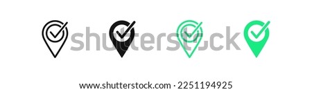 Check mark pin icon. Location geo point symbol. Correct local signs. Right marker symbols. Mission complete icons. Black and green color. Vector isolated sign.
