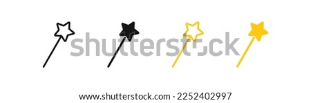 Wand icon. Magic stick symbol. Fairy signs. Star symbols. Miracle tool icons. Black and yellow color. Vector isolated sign.