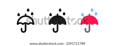 Rain umbrella icon. Water drop protection symbol. Raindrop signs. Rainy autumn symbols. Wet weather icons. Black, flat color. Vector isolated sign.