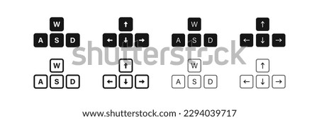 Arrow direction icon. wasd symbol. Key left, right, up, and down signs. Computer button symbols. Direction w, a, s, d icons. Black color. Vector isolated sign.