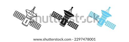 Satellite icon. Space symbol. Internet communication signs. Earth satelite symbols. Telecommunication connection icons. Black, blue color. Vector isolated sign.