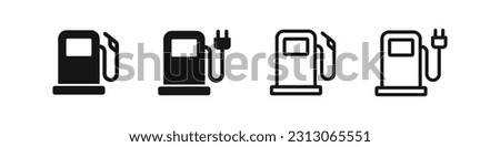 Gas station icon. Electric charge symbol. Petrol pump signs. Fuel gasoline symbols. Electro car icons. Black color. Vector isolated sign.