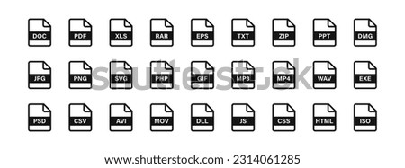 File icon. Format of documents on the computer symbol. jpg, pdf, doc, rar, eps, txt, zip, ppt signs. Video files symbols. Presentation, audio, design icons. Black color. Vector isolated sign.