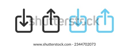 Upload icon. Arrow up, down signs. Download file symbol. Send symbols. Storage document icons. Black, blue color. Vector isolated sign.