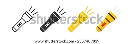 Flashlight icon. Torch signs. Lamp light symbol. Electric portable device symbols. Spotlight for police icons. Black, yellow, flat color. Vector isolated sign.