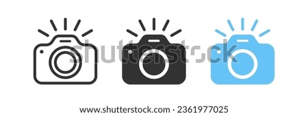 Take photo icon. Camera signs. Photography flash symbol. Phone picture symbols. Photocamera icons. Black, blue color. Vector isolated sign.