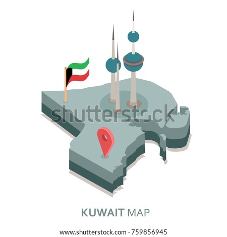 Kuwait flag icon and kuwait tower on 3D isometric map vector illustration