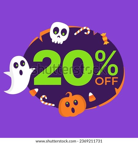 20% off on Halloween. Vector illustration of super offer in purple and orange balloon, plus halloween, ghost, skull, pumpkin and candy icons.