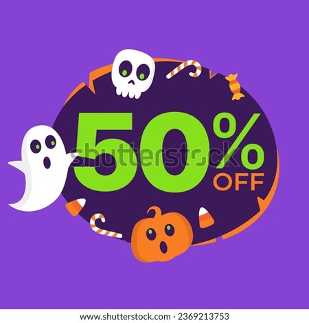 50% off on Halloween. Vector illustration of super offer in purple and orange balloon, plus halloween, ghost, skull, pumpkin and candy icons.