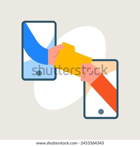 Hand send file between two mobile. Share material concept. File transfer between two mobile phone. Copy document, exchange data. Flat Illustration vector