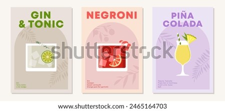 Set of posters with cocktails. Aperitif recipe. Alcoholic drinks in glasses for summer season. Gin Tonic, Negroni and Pina Colada. Flat illustration