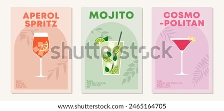 Set of posters with cocktails. Aperitif recipe. Alcoholic drinks in glasses for summer season. Mojito, Aperol Spritz and Cosmopolitan. Flat illustration