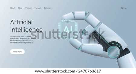 Web banner with robot hand holding processor, technology, machine learning, neural network, Artificial Intelligence (AI) landing page concept.