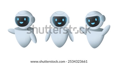 AI Cute mascot in various pose. Set of 3d chat bot. Help assistance, artificial intelligence support device. Smart robotics render. Isolated vector illustration.