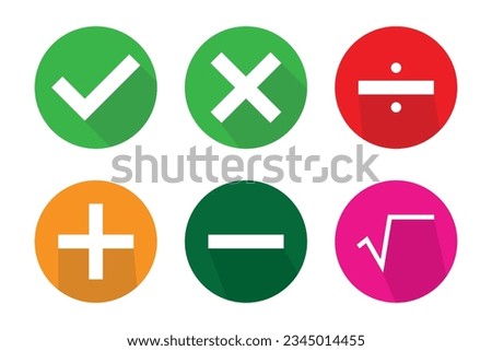 Set of flat square check mark, X mark, divided sign, root sign, plus sign and minus sign icons isolated on a white background.